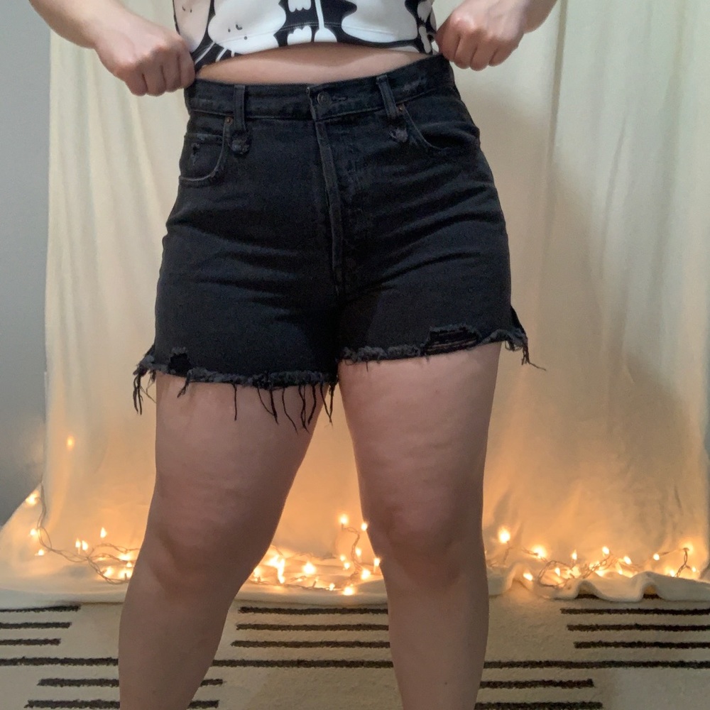 Free People High Waist Black Fringe Denim Shorts